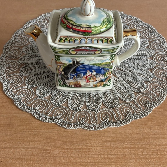 Vintage Train-Themed Ceramic Teapot with Gold Accents